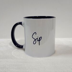 𝅺THIRTY-ONE Hello Happy Sip White Navy Blue Ceramic Coffee Cup Mug 12 Oz
